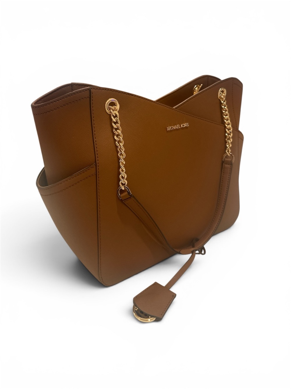 Michael Kors Cognac Saffiano Leather Tote with Gold Chain Straps